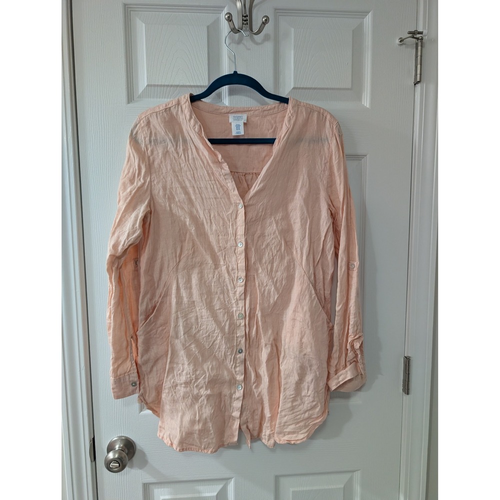 Sigrid Olsen, 100 Linen, Med Coral, Tunic Button Down, Pockets, Roll Tab Sleeves